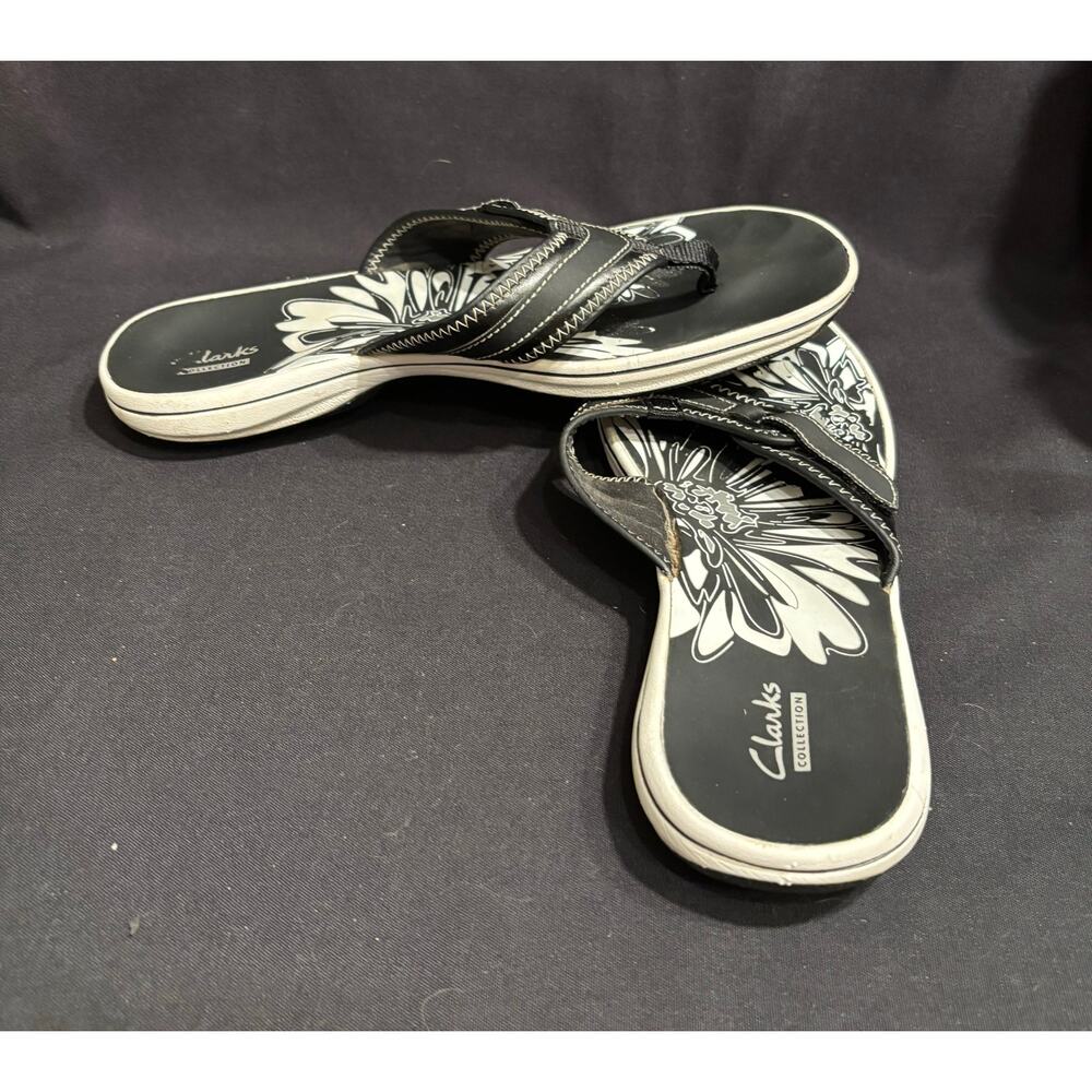 Women’s Clarks Breeze Sea Sandal Flip Flops Pewter Black Slip On, size 7.5
